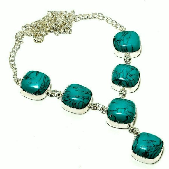 Jewelry - Necklace Faux Turquoise Bib 18" "Y" Design 925 Silver Boho Perfect Cond 17112